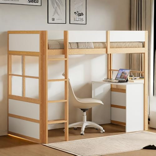 Sapgaks Etagenbett für Kinder, 90 x 200 cm, Holz, Hochbett Mit Barriere, Treppe, Schreibtisch, Einzelbett, Babybett, Holz + Weiß