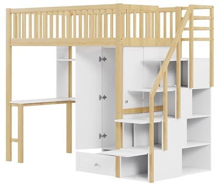 xixiworkshop Hochbett 90x200cm mit Schreibtisch/Kleiderschrank/Stauraum Treppen, Bett für Mädchen Jungen Kinderbett Rausfallschutz ohne Matratze (Holzfarbe)