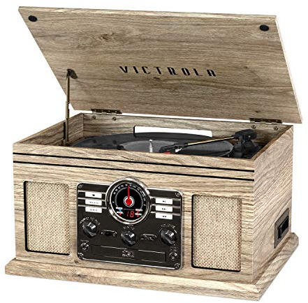 Victrola The Quincy – Platine Vinyle 6-en-1 Bluetooth & Centre multimédia avec Haut-parleurs intégrés – Platine 3 Vitesses, Lecteur CD et Cassette, Radio AM/FM, Diffusion Musicale sans Fil (Oatmeal)