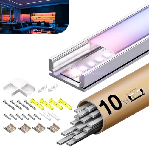 KOSOOM LED Aluminium Profil geeignet für LED Streifen, 2 m x 10 Stück 20 m, Größe 17,4 mm x 7 mm, für LED Streifen mit Einer Breite von weniger als 12,4 mm, mit Montagezubehör