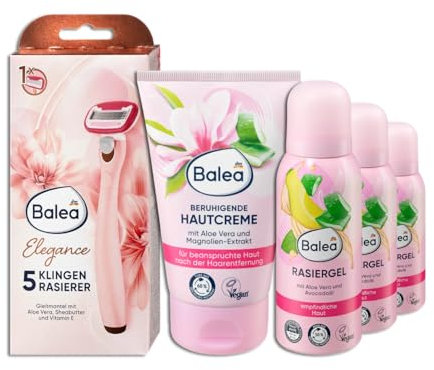 8er Set: Balea 1 x Rasierer 5-Klingen Elegance, 1 St Soft-Touch-Griff für optimale Kontrolle - Rasiergel Reisegröße, 3x75 ml - Hautcreme beruhigend, 125 ml - 3 x Teelichthalter