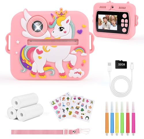 Euakee Macchina Fotografica Bambini, HD 1080P Fotocamera Giocattoli per Ragazze con Schermo da 2,4 Pollici & 32 GB Scheda, Fotocamera Istantanea, Regali per Bambini dai 3 ai 12 Anni(Rosa)