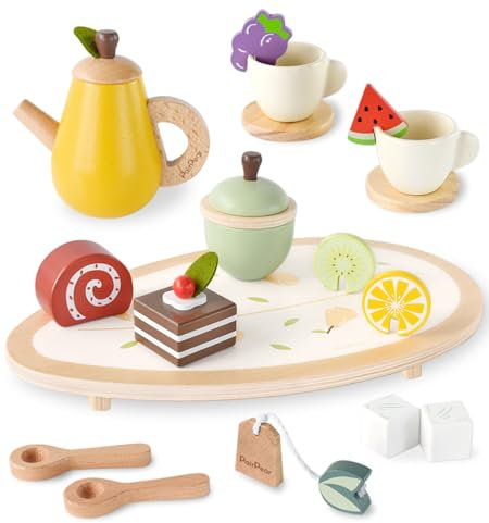 PairPear Teeparty-Set aus Holz für Kinder, Rollenspiel, Holzküchenzubehör für Rollenspiele, Geschenk für Kleinkinder, Jungen und Mädchen
