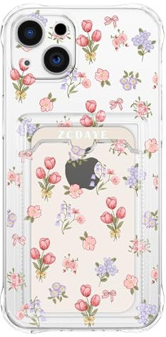ZCDAYE Coque transparente à motif floral pour iPhone 15, avec porte-cartes - Coque élégante pour téléphone femme fleur mignonne - coque de protection antichoc en TPU souple pour iPhone 15 (6,1
