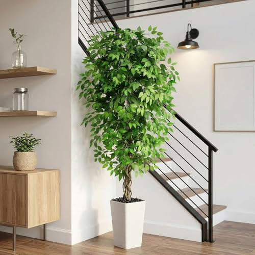 FSOHOI Artificial Ficus Tree 6FT Faux Plants Indoor Tall Fake Plants with White Planter, Green Lifelike Lush Fake Ficus Tree for Home Living Room Bedroom Outdoor Balcony House Office Decor