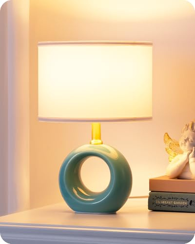 EDISHINE LED Nachttischlampe, Keramiksockel, Baumwollschirm, Blau | türkisblauer Keramikfuß, E14-Leuchtmittel inklusive, 2700K Warmweiß, für Schlafzimmer, Wohnzimmer