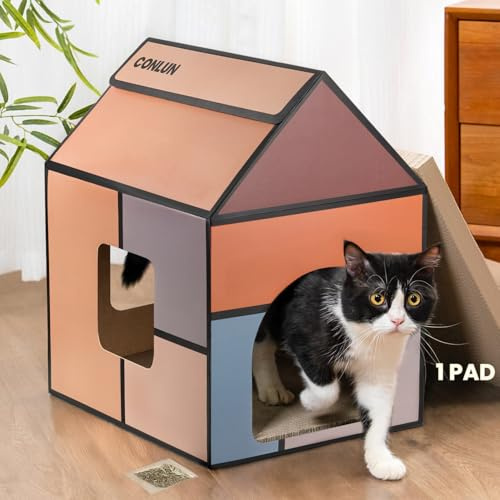 Conlun Katzenhöhle 43x34,5x50cm, Großes Katzenhaus Pappe, Inkl Kratzbrett | Recycelter Karton | 2-in-1 Schlafplatz | für Katzen bis 8kg | Krümelschutz | Kratzmöbel Indoor