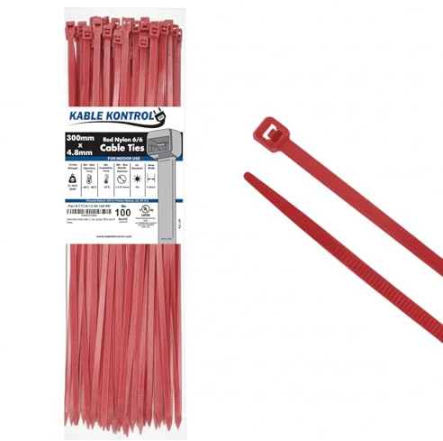 Kable Kontrol Red Cable Ties, 300 mm x 4.8 mm, Pack of 100, 12 Premium Nylon Zip Ties, Multi-Purpose Plastic Tie Wraps, Secure Self-Locking Mechanism, for Home, Garden, Office and DIY