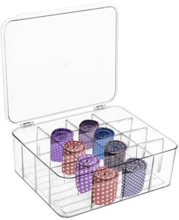 YOFAPA Tie Organizer Box, 16-Cell Clear Tie Rack Organizer, Stackable Tie Display Rack, Drawer Closet Storage Bin with Lid, Storage Box for Ties Socks Bras Underwear