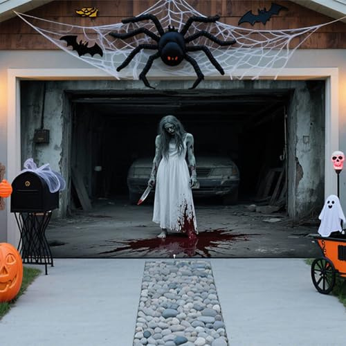 Halloween-Dekoration für Garagentor, Abdeckung für Garagentore, Halloween, große gruselige hängende Kulisse, Karneval, Banner, Wanddekoration, für den Außenbereich, Garten
