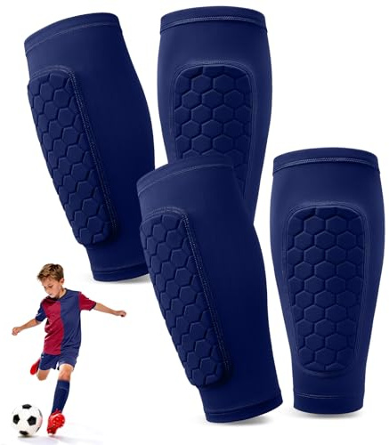 2 Paar Schienbeinschoner Kinder Fussball 2 in 1, Schienbeinschoner Socken mit Wabenpads, stutzen Kinder fußball, Atmungsaktiv & rutschfest Wadenschutz, Sport Schienbeinschutz für Jungen und Mädchen