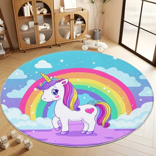 Generisch Blau Runder Teppich Cartoon-Einhorn Regenbogen Weiße Wolken Wohnzimmer Runder Teppich 80 cm rutschfest Flanell Runde Teppiche, für Flur Schlafzimmer Küche Korridor Wohnkultur Fußmatte
