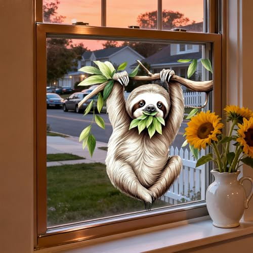 Leniutor 1pcs Cute Raccoon Window Sticker, Double - Sided Funny Animal Decals for Cars, Raccoon Lover Window Cling for Farmhouse Classroom Office Kids' Room (Sloth)