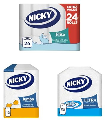Nicky Elite Toilet Tissue 24 Rolls of 168 Sheets, Jumbo Kitchen Towel 12 Rolls of 200 Sheets and Ultra Kitchen Towel 20 Rolls of 75 Sheets