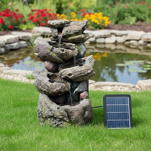 Fontaine de Jardin Solaire Art-Pond Natura | Polyrésine Marron Gris, Écologique avec Éclairage LED et Batterie Autonome | Dimensions 38x36x58 cm pour Extérieur