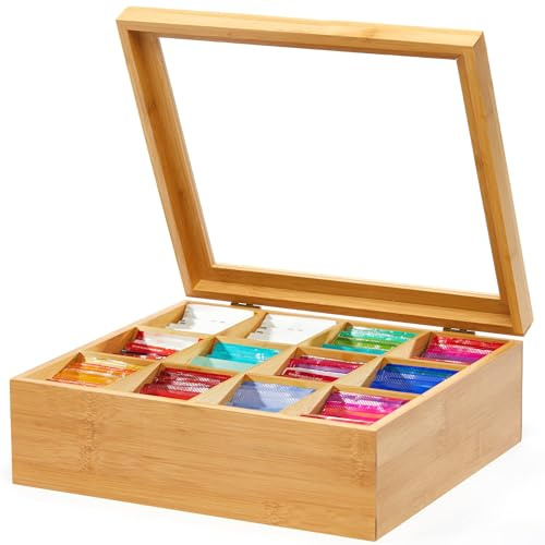 Cobenga Holz Tee-Aufbewahrungsbox, 12 Fächer Holz Teebox mit klarem Deckel & Verschluss, Natürlicher Bambus Tee-Organizer für Küchenarbeitsplatten, Schränke, Vorratskammer, Bistro, Kaffee
