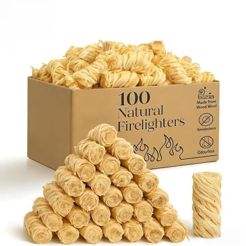 Fire Lighters for Wood Burners, 200 Pack Natural Firelighters | Wood Wool & Wax Long Burning Fire Starters for Log Burner, Pizza Oven, BBQ, Garden Fire Pit | Odourless, Eco Friendly Kindling (100pcs)