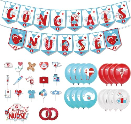 Set de Decoración para Fiesta de Enfermera, 1 Bandera Grande, 16 Tarjetas de Mesa, 18 Globos (Azul, Blanco, Rojo) y 2 Cintas Rojas, Tema Hospitalario para Graduaciones y Cumpleaños