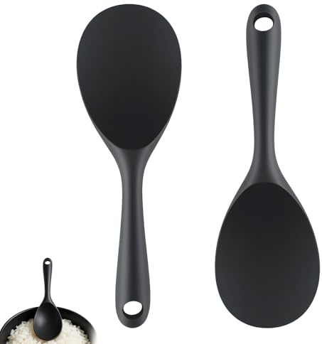 Cuchara Silicona Cocina, 2PCS Espátula de Cuchara de Silicona Antiadherente | Cuchara de Cocina para Servir y Mezclar, Resistentes al Alor, para Arroz, Puré de Patatas, Negro