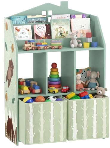 AIYAPLAY Kids Bookshelf with Storage, Toy Storage Unit, Book Display Green | Shelves, Fabric Drawers, Multipurpose Children's Bookcase, for Playroom and Nursery