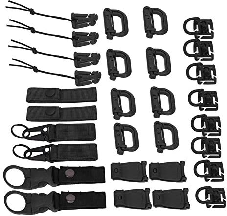 OEBUAFI Molle-Zubehör-Set, 28-teilig, D-Ringe, Rucksack-Schnallen, Nylon-Gurtband, HK-Haken-Clips für Taktische Ausrüstung, Taschenbefestigung, Outdoor, Camping, Reisen (Black)