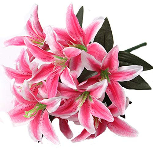 Artfen Artificial Lily 10 Heads Fake Lily Artificial Flower Wedding Party Decor Bouquet Home Hotel Office Garden Craft Art Decor Rose Red