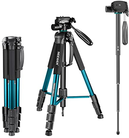 Neewer - 10090794 - Trépied Monopode Portable 177 cm en Alliage Aluminium avec Tête 3 Voies Pivotante Panoramique, Sac pour DSLR, DV Vidéo Caméscope, Charge Admissible de 4 Kilogrammes Bleu (Sab264)