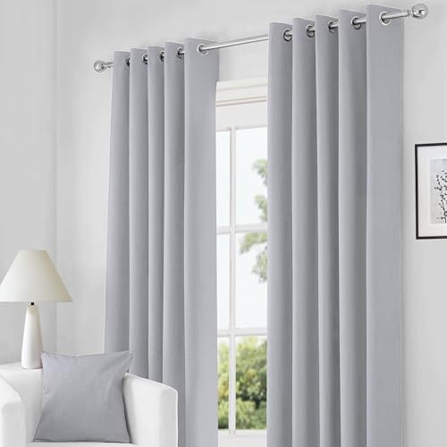 RayyanLinen Readymade Blackout Thermal Eyelet Ring Top Pair of Curtains Including 2 free Tiebacks (GREY SILVER, Width 66 x Drop 90)