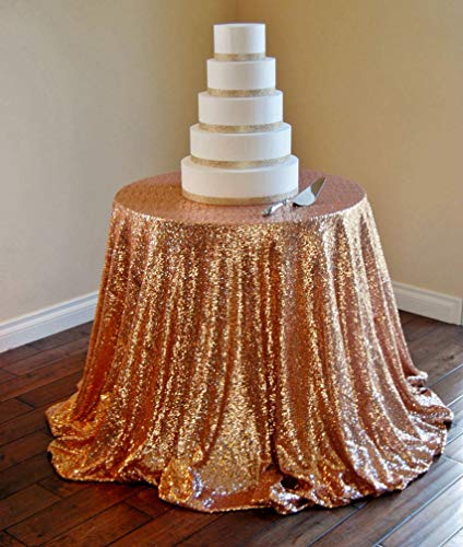 ShinyBeauty Runde 125 cm Roségold Glitzer Pailletten Tischdecke für Partys, Hochzeit, Feier, 122 cm x 125 cm, 12 Personen, Netzgewebe
