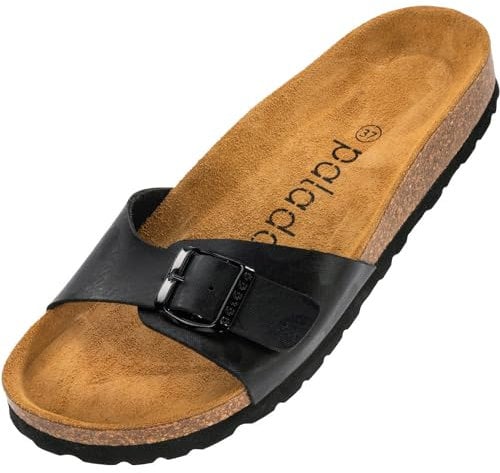 Palado Pantoletten Damen Malta Texas - modische Sandalen Made in Spain - bequeme Hausschuhe mit dämpfendem Kork-Fußbett - elegante Sommerschuhe Schwarz UK9,5 - EU43