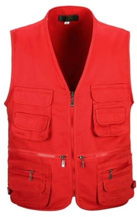HZQIFEI Hombres Chaleco Fotografía De Pesca Multifunción Chaleco de Trabajo al Aire Sin Mangas Chaleco de Trabajo Camping Senderismo (Rojo, 4XL)