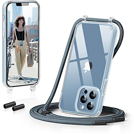 GOODVISH Handykette Kompatibel mit Apple iPhone 13 Pro 6,1 Display, Necklace Hülle mit Band Handyhülle für zum Umhängen, Transparent Case mit Schnur Kameraschutz und Bildschirmschutz, Blau