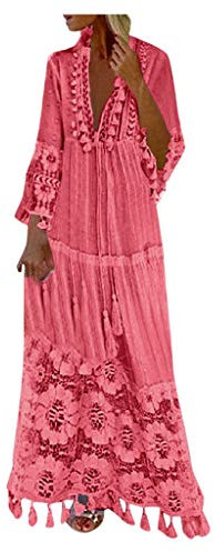 Ni_ka Robe Boheme Chic Jupe Longue FrangéE en Dentelle à Encolure en V Dress Femme Sexy Rose Taille S à 4XL, Ni_kadress44581