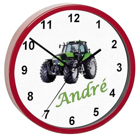 CreaDesign, WU-02-1104, Traktor Wanduhr für Kinderzimmer, personalisierbar mit Namen, Rahmen rot, Durchmesser 19,5 cm
