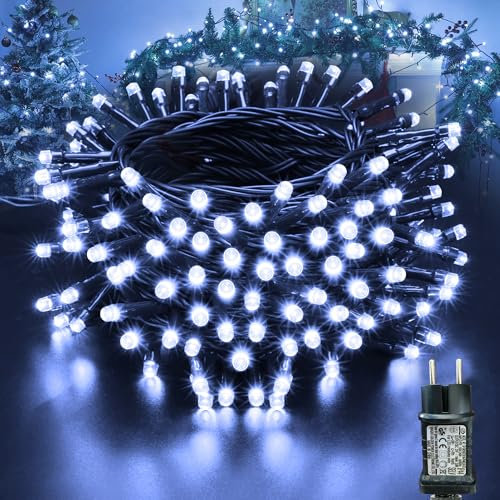 Moxled Lichterkette Weihnachtsbaum - 10M 100 LED Weiß Lichterkette Außen Strom mit Timer Speicherfunktion, Grünes Kabel, Wasserdicht 8 Modi Weihnachtsbeleuchtung für Garten Weihnachten Deko