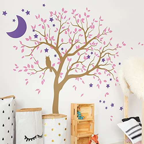 Großer Baum Wandaufkleber mit Eule, Mond und Sternen Kinderzimmer Wandbild Dekoration 088 (Äste nach rechts, Hellbraun, Zartrosa, Lavendel)