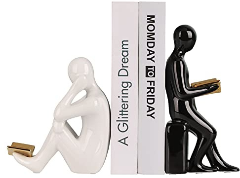 XINGYAN Keramisches Paar weißer und schwarzer Statuen Dekorative Lesestützen mit goldenen Büchern in der Hand für Regale, Home Decor Statuen und Skulpturen des Lesens (Gold Book)