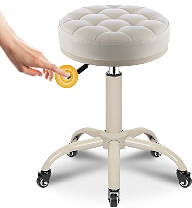 VITIWEDTY Barhocker Rollhocker Drehhocker 360° Drehstuhl mit Rollen Höhenverstellbar 45-60cm PU Leder Salon Chair Hocker Arbeitshocker Praxishocker Kosmetikhocker Friseurstuhl (beige)