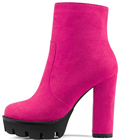 NobleOnly Donna Chunky Blocco Alto High Piattaforma Tacco Heel Rotonda Punta Stivaletti Cerniera Feste Classico Stivali Magenta Rosso 36 EU