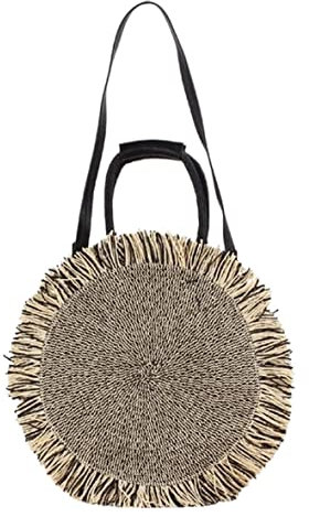 Stroh Strandtasche Strohtasche Lässige Damen-Umhängetaschen, Runde Form, Umhängetasche, Gewebt, Quaste, Sommer, Strandtasche, Große Kapazität, Tote Lady Korbtaschen Geflochten Strohsack ( Blue : Black