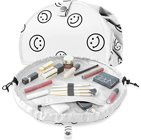 MESTOOTH Smiley Make-up-Tasche mit Kordelzug, offene Liege, große Kapazität, lächelndes Gesichts, Kosmetiktasche für Frauen, Geldbörse mit Fächern, Zubehör (weiß), Weiss/opulenter Garten