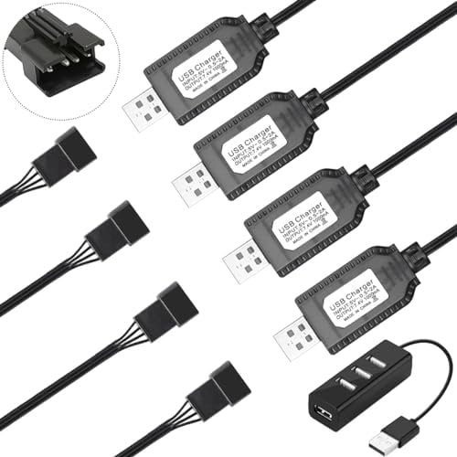 EatPitaya 7.4V LiPo Battery USB Charger Cable with SM-4P Plug LED Lights RC Battery Connector + 4 Port USB 2.0 Hub, for LiPo Battery RC Model Vehicle Buggy Car Truck Boat