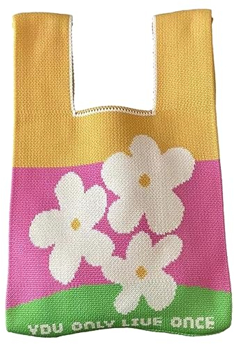 Anopo Damen Geknotete Gewebte Tasche Klein Gehäkelt Handtaschen Niedlich Ästhetisch Blume Portemonnaie Handgelenk Tasche Gestrickt Mode Tragetasche Gelb