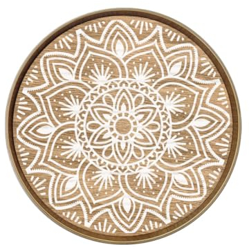 PH PandaHall Bandejas redondas de madera rústica, bandeja decorativa de madera de loto de 11.8 pulgadas, bandeja circular de madera antigua vintage, bandejas de servir florales para encimera de