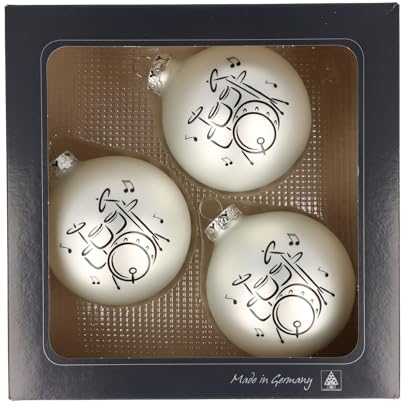 3er-Set Weihnachtskugeln mit Schlagzeug-Druck, Musik-Design, (Silber matt)