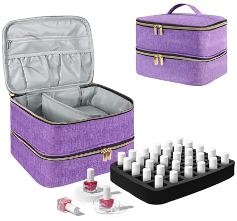 BOHEMIABY Nagellack Organizer Tasche, Doppelschicht Nagellack Aufbewahrung Box, Organizer Koffer für Nageldesign Kosmetiktasche für 30 Flaschen Neonail Base(15ml-0.5 FL.Oz) & 1 Nagellampe(Lila)