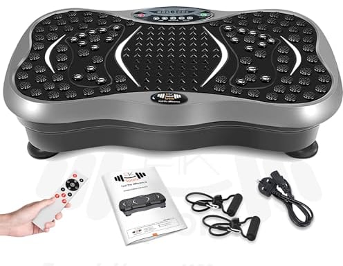 FK Sports Vibration Plate Exercise Machine, Vibration Fitness Trainer with Bluetooth Speaker, Remote, 99 Intensity Levels, 5 Programs, 2 Resistance Bands Speed Adjustable For Body Workout (Grey)