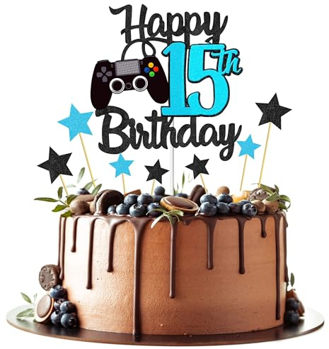 Joyeah Happy 15th Birthday Cake Topper Glitter Video Game Cake Pick Game On Cheers to 15 Years Cake Decoration for Game Theme Happy 15th Birthday Party Supplies Blue