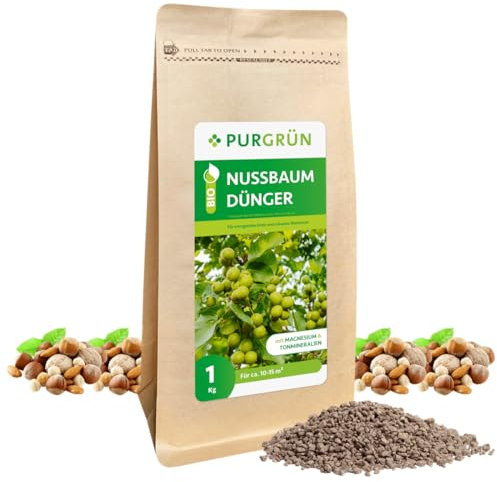 Purgrün® Bio-Nussbaum-Dünger 1 kg – Organisch-mineralische Rezeptur – Feinkörniges Krümelgranulat – NPK 6+3+8 – Mit Magnesium für knackige, aromatische Nüsse – Verbessert die Bodenqualität