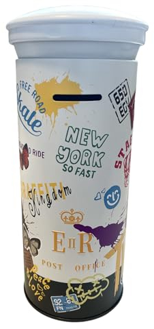 Tirelire en forme de boîte aux lettres. Tirelire originale en étain avec couvercle. Grande tirelire métallique en étain (25 x 10 cm). (autocollants blancs)